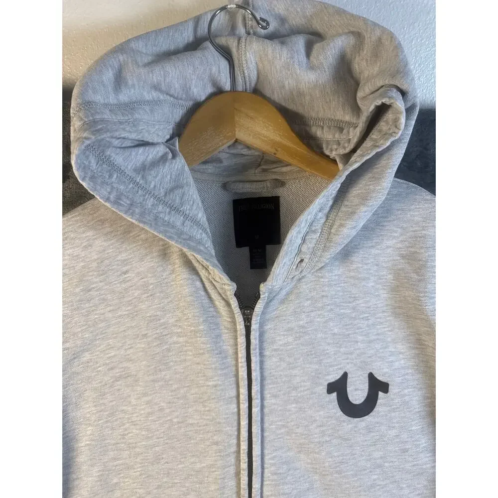 True Religion Mens Zip Up Hoodie Medium Heather Grey Embroidered Horseshoe Logo
